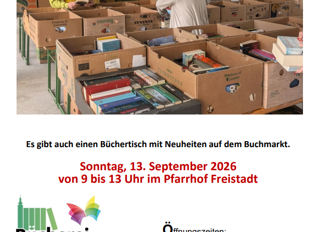 Eine Gruppe von Menschen sortiert Kisten mit Büchern auf einem Büchermarkt. Die Kisten sind auf einem Tisch gestapelt, und einige Leute lesen Bücher. Das Bild enthält auch ein Plakat mit Informationen über den Büchermarkt.
