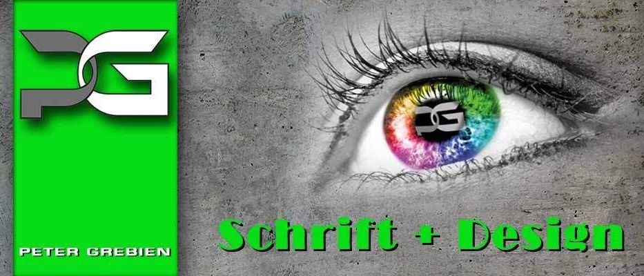 Ein farbenfrohes Auge mit einem Logo in der Iris, das Auge befindet sich auf einem Betonhintergrund mit den Worten Schrift + Design unten. Die linke Seite des Bildes hat die Buchstaben DG auf einem grünen Hintergrund.