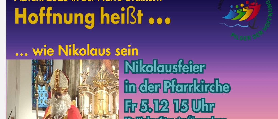 Werbeplakat für die Feier des Nikolaus am 5. Dezember um 15 Uhr in der Pfarrkirche Gratkorn. Das Plakat zeigt eine Figur als Nikolaus mit Krone und Bart.