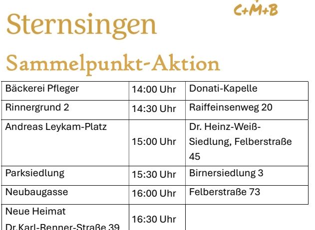 Das Bild ist ein Zeitplan für die Sternsingen Sammelpunkt-Aktion, der verschiedene Orte und Zeiten auflistet.