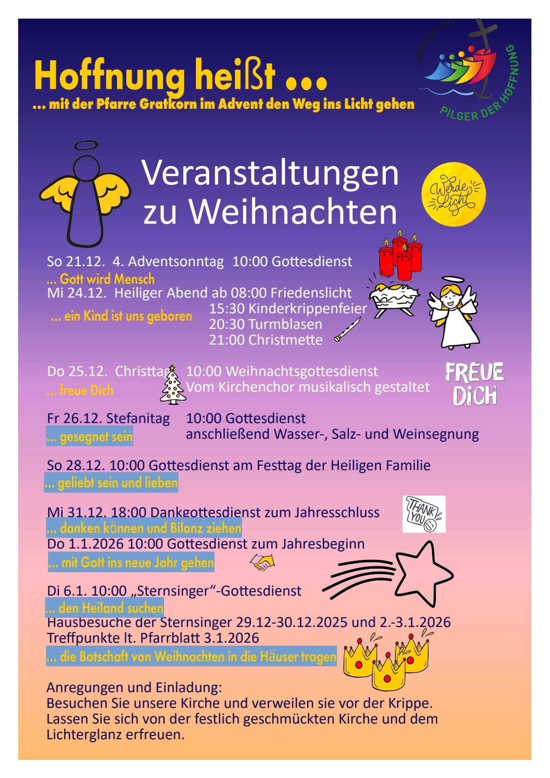 Ein Veranstaltungsposter für Weihnachtsfeiern. Beinhaltet Adventsgottesdienste, einen Weihnachtsgottesdienst und verschiedene andere Veranstaltungen wie einen Weihnachtsabendgottesdienst und einen Neujahrsgottesdienst.