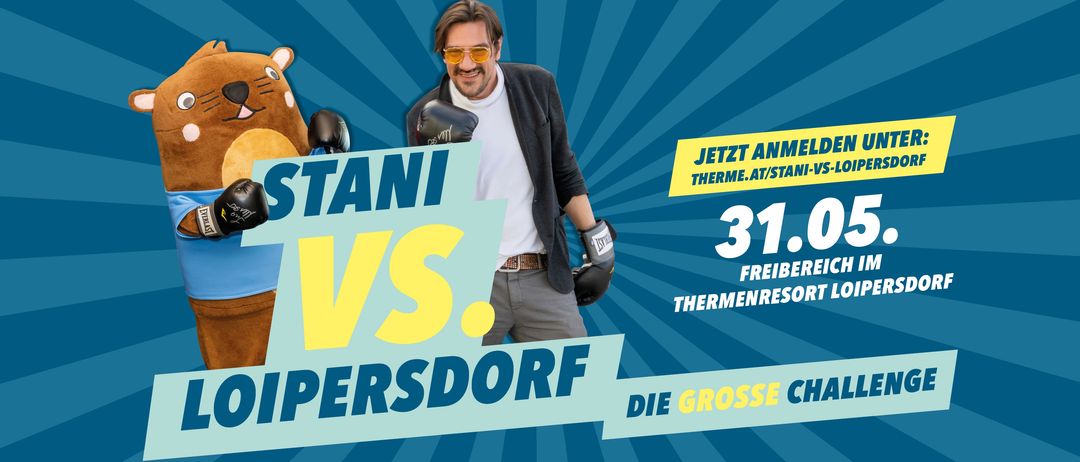Werbeplakat für ein Boxevent mit Stani gegen Diepersdorf, wobei Stani in Boxhandschuhen, einem lächelnden Gesicht und einem Bärenmascot zu sehen ist. Das Plakat ist blau mit einem gelben Rand.