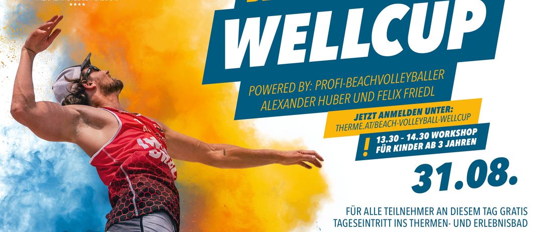 Werbeplakat für Beachvolleyball mit einem Spieler in Aktion. Die Veranstaltung wird von Alexander Huber und Felix Fried unterstützt. Anmeldung unter therme.at/beach-volley. Für Kinder, 13:30-14:30.