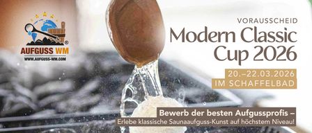 Werbung für ein Spa-Resort mit einem modernen Cup und einem Wasserspritzer. Das Bild zeigt eine klassische Sauna-Erfahrung.