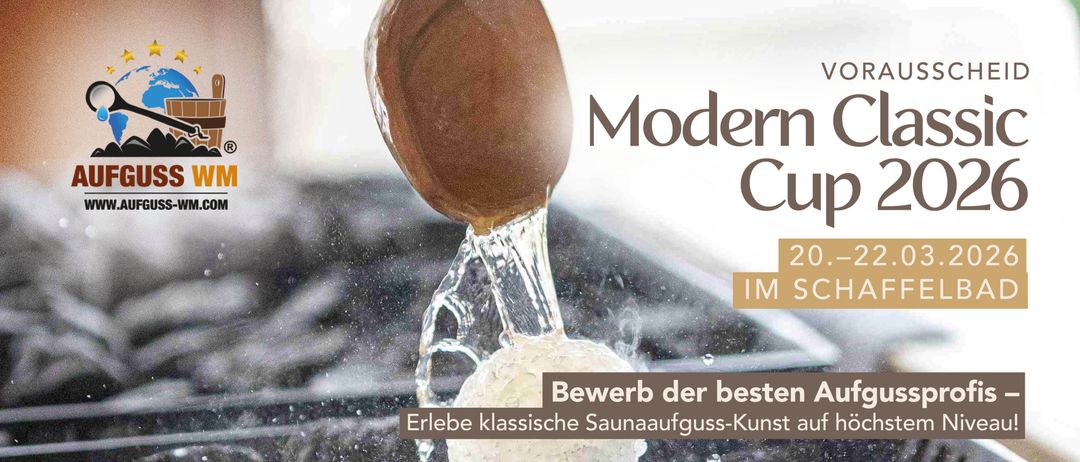 Werbung für ein Spa-Resort mit einem modernen Cup und einem Wasserspritzer. Das Bild zeigt eine klassische Sauna-Erfahrung.