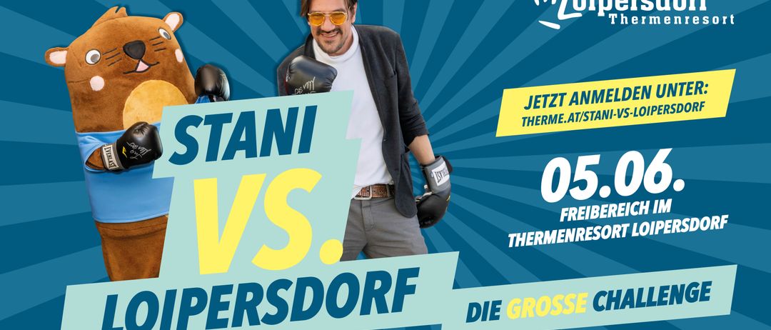 Plakat für eine Boxveranstaltung mit einem Mann in Boxhandschuhen. Das Plakat hat einen blauen Hintergrund mit Text und Bildern von einem Bären und Handschuhen.