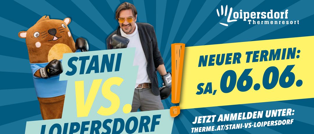 Stanis gegen Persdorf Plakat mit einem lächelnden Mann in Boxausrüstung und einer Maskottchen. Datum: Sa, 06. Registrieren Sie sich unter therme.at/stani-vs.