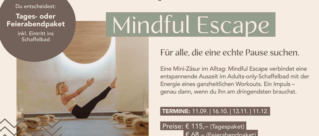 A woman doing yoga in a serene environment. Text reads 'Mindful Escape' and provides details about dates and prices.