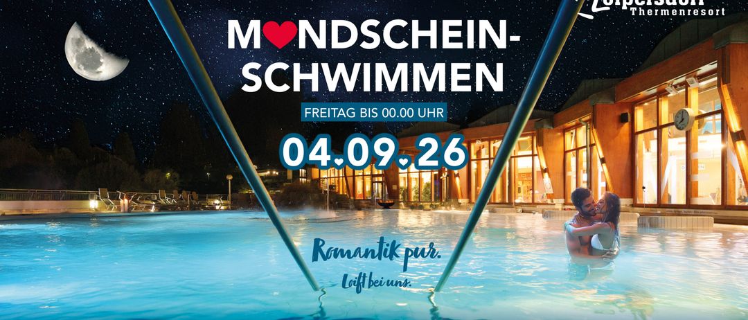 Eine Werbung für ein romantisches Mondscheinschwimmen am 4. September mit einem Pool, einem Paar, einem Gebäude und einem sternenklaren Nachthimmel.