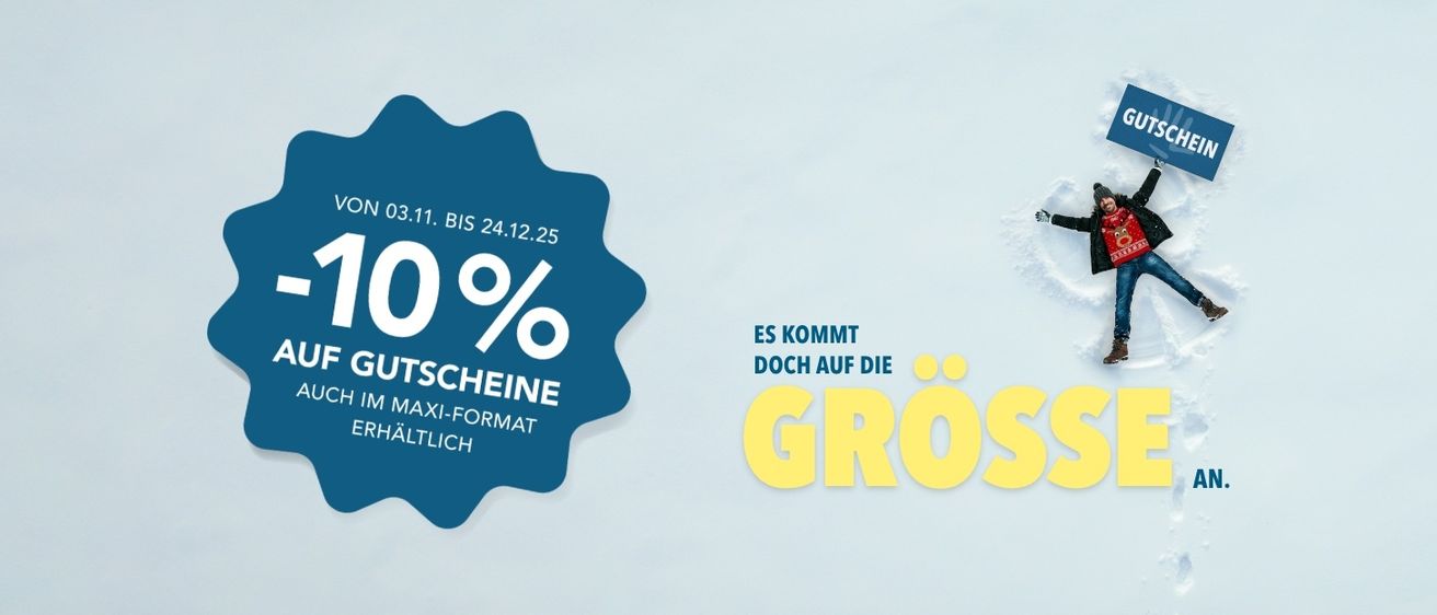 Rabattaktion: 10% Gutscheine im Maxi-Format, gültig vom 03.11. bis 24.12.2025.