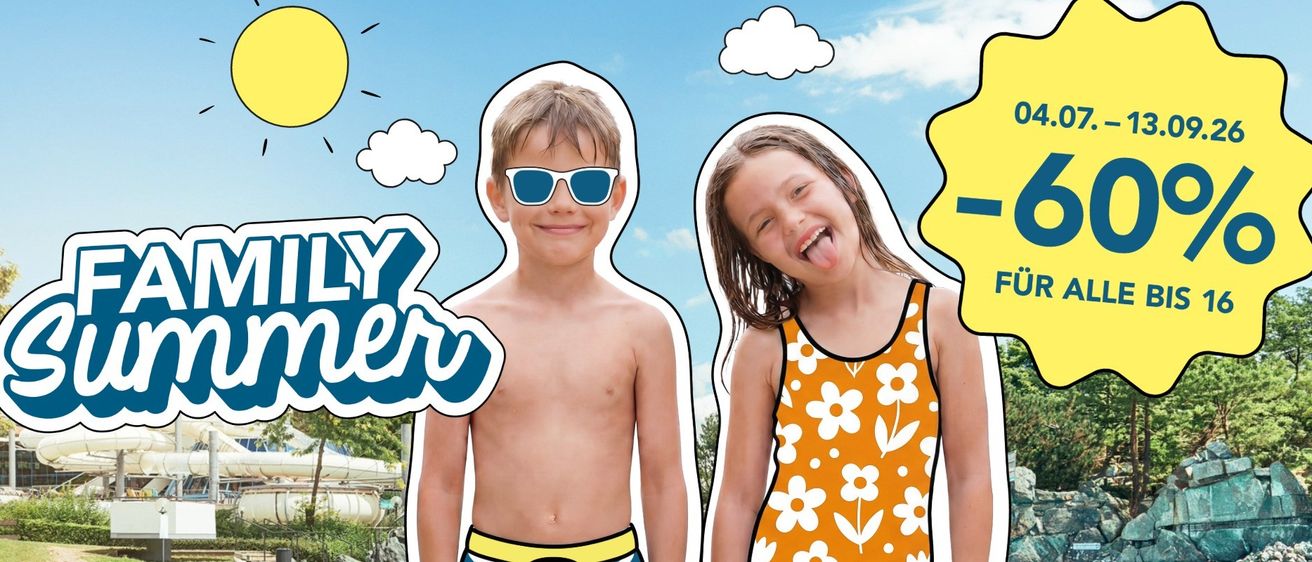 A boy and a girl stand outside, both smiling. The boy wears sunglasses and a yellow swim belt, while the girl wears an orange floral swimsuit.