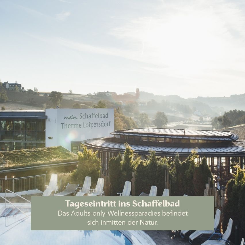 Adults-only Wellness-Spa in Loipersdorf mit einem Innenpool und Liegestühlen, umgeben von Grün und Bergen im Hintergrund.