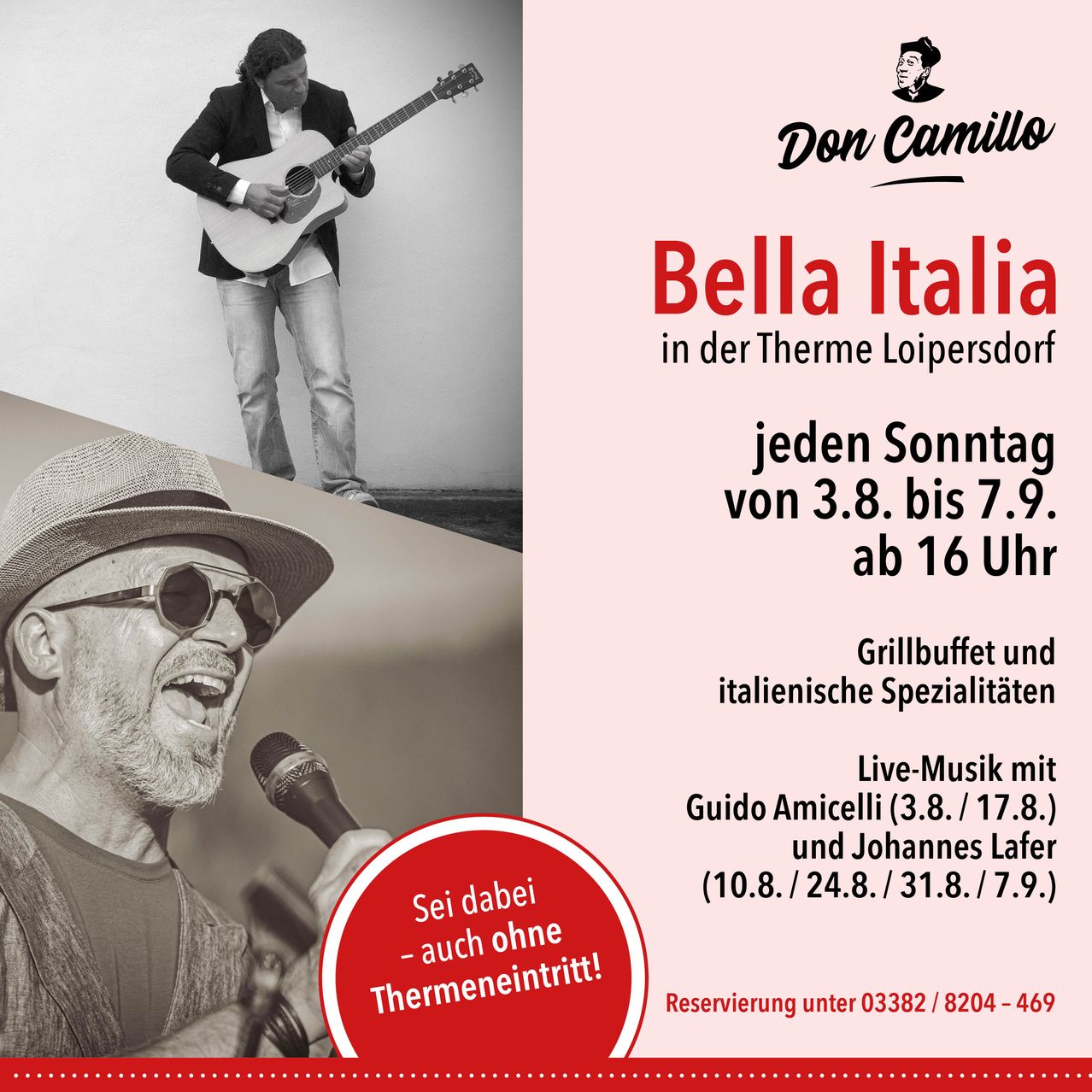 Ein Mann spielt Gitarre und singt in ein Mikrofon bei Bella Italia in Loipersdorf. Live-Musik jeden Sonntag von 3.8 bis 7.9. Grillbuffet und italienische Spezialitäten.