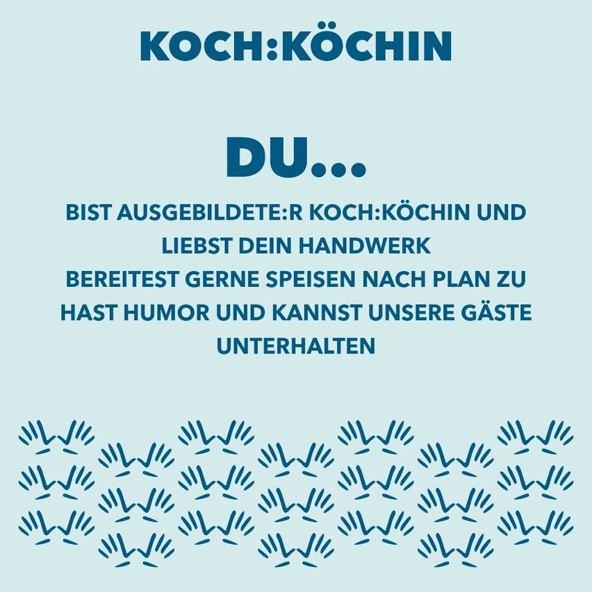 Ein blaues Plakat mit dem Titel 'Koch:Kochin Du...' in fetten Buchstaben. Unter dem Titel steht eine Liste von Eigenschaften, die ein Koch haben sollte. Das Plakat hat auch ein blaues Handdesign am unteren Rand.