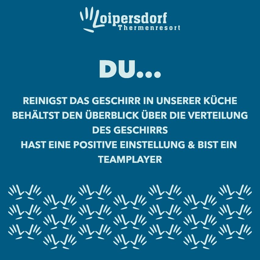 Ein Werbeplakat für Loipersdorf Thermenresort. Es zeigt einen blauen Hintergrund mit dem Text 'DU...'. Darunter ist eine Liste der Eigenschaften eines idealen Mitarbeiters.