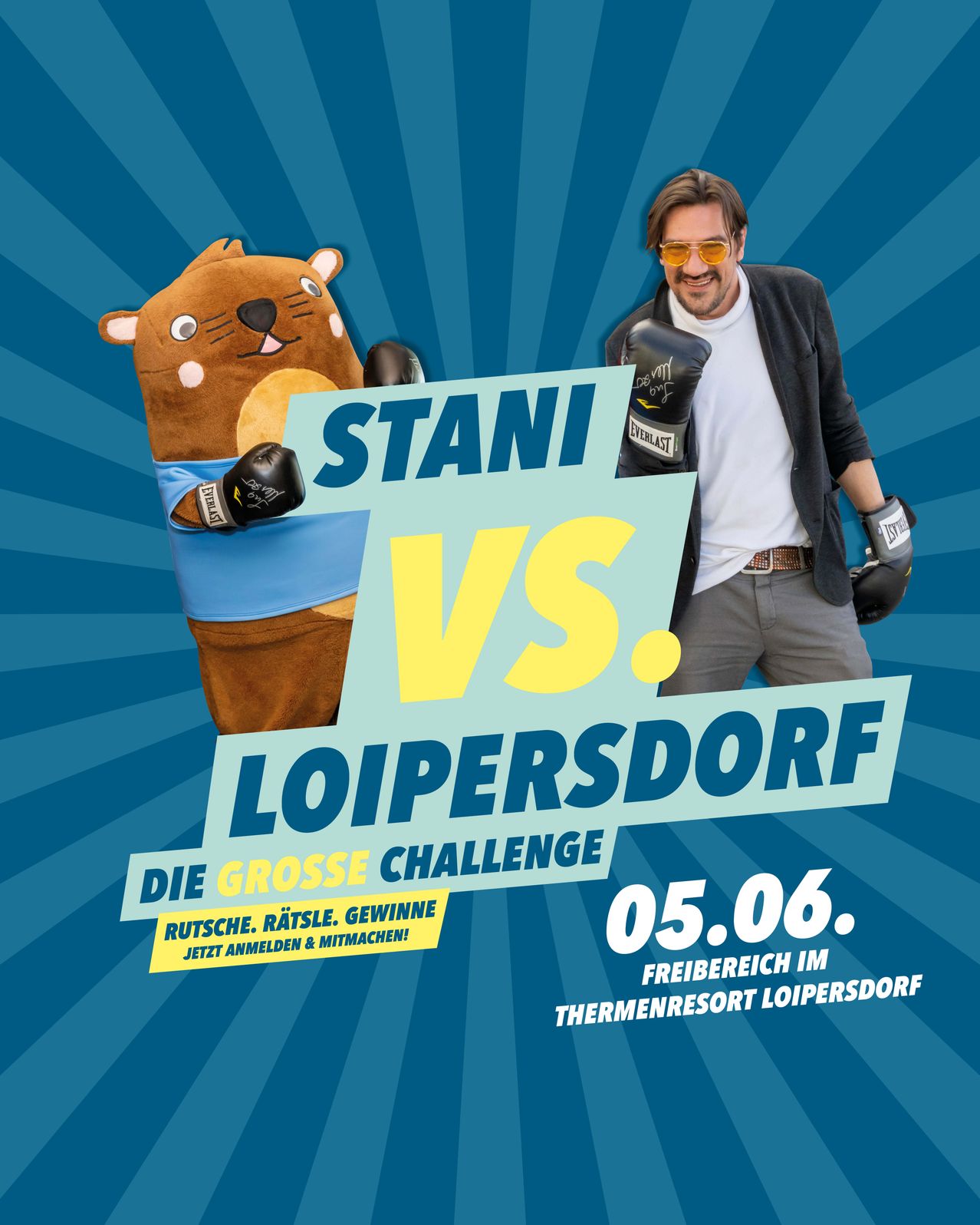Poster mit einem Maskottchen mit Boxhandschuhen und einem Mann in Boxausrüstung. Der Text lautet 'Stani vs. Loipersdorf Challenge' und 'Die große Herausforderung. Raten. Gewinnen. Jetzt anmelden & mitmachen!' mit Datum 05.06. und 'Freier Eintritt im Thermenresort Loipersdorf.'