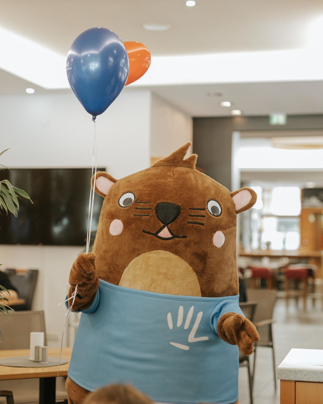 Maskottchen Otter mit blauen und orangen Luftballons, trägt ein blaues T-Shirt
