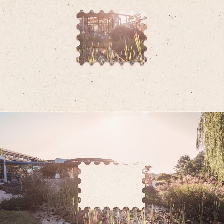 A collage of two images, one showing a building with a bridge and the other a couple sitting by a pond with tall grass.