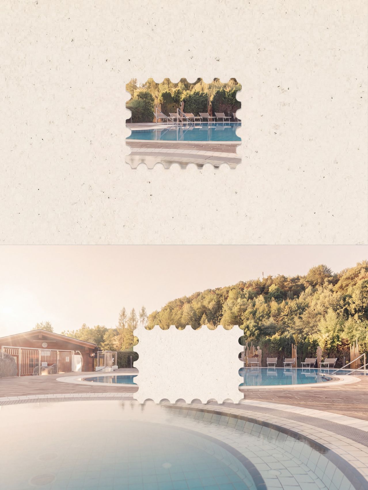 A serene swimming pool surrounded by a wooden deck and lounge chairs, with a backdrop of lush greenery and a building.