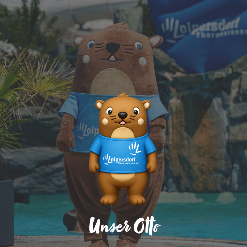 A mascot of a brown bear wearing a blue shirt with the words 'Loipersdorf Thermenresort' stands in front of a pool.