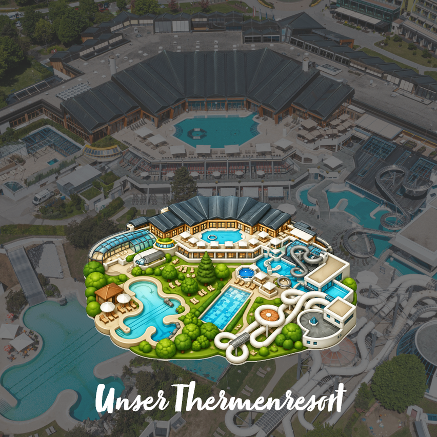 An aerial view of a large resort with multiple swimming pools, water slides, and a large building with a gray roof. The resort is surrounded by trees and has a clear blue sky.