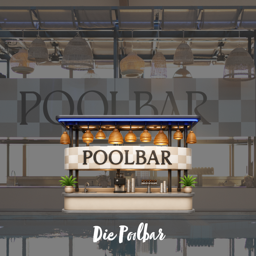 A 3D rendering of a pool bar with a checkered sign, blue lights, and hanging lamps. The bar counter has potted plants and cups.