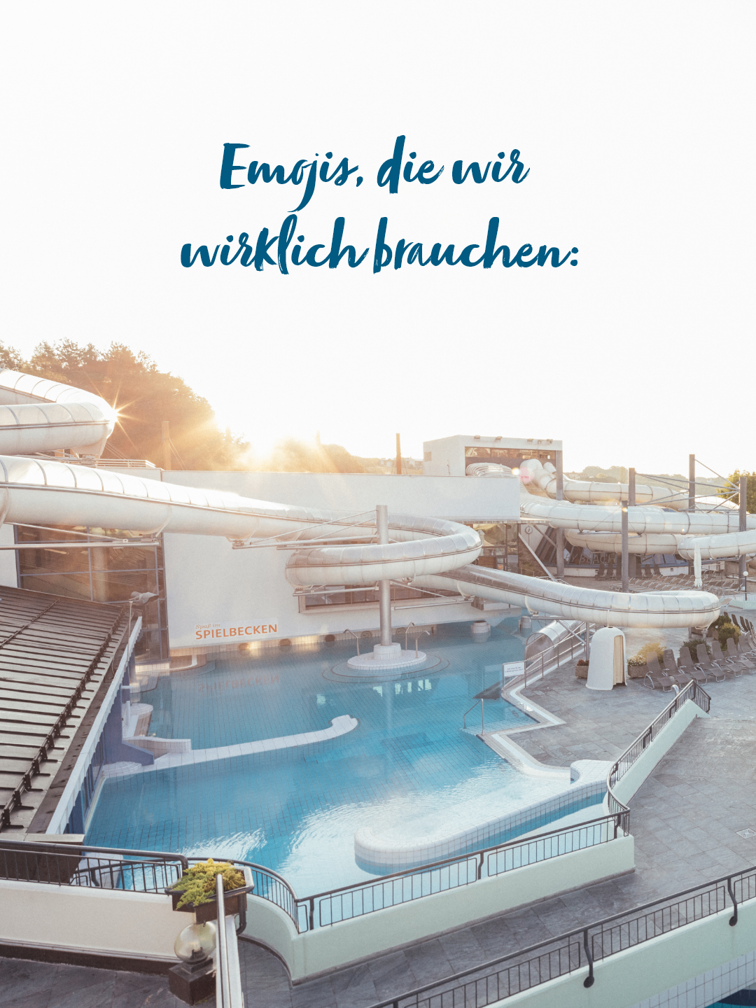 An aerial view of a large water park with multiple slides and a pool, under a clear sky. The text overlay reads 'Emojis we really need.'
