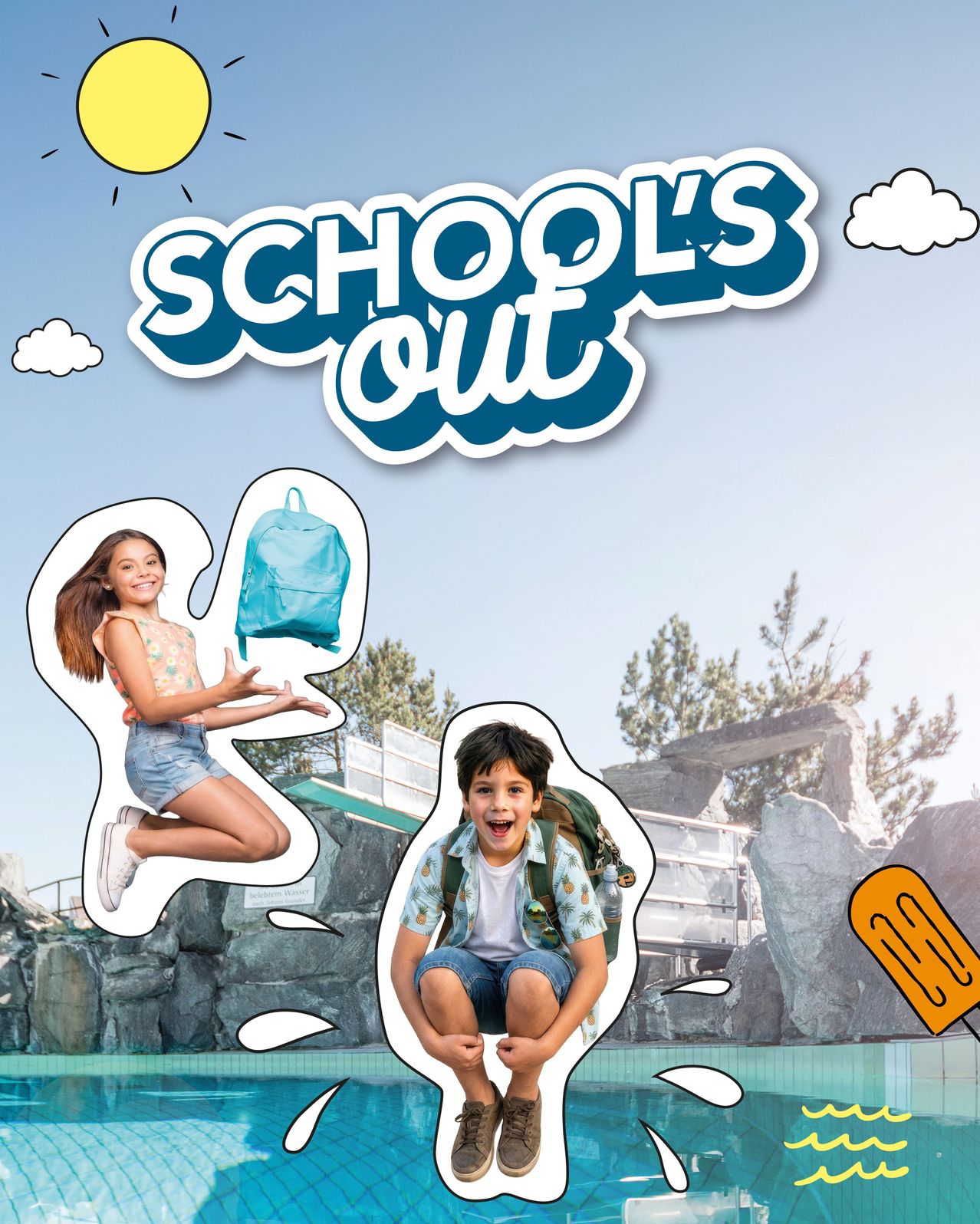 Kinder feiern das Ende des Schuljahres mit einer Poolparty. Eines springt und hält einen Rucksack, ein anderes sitzt mit Rucksack und Wasserflasche.