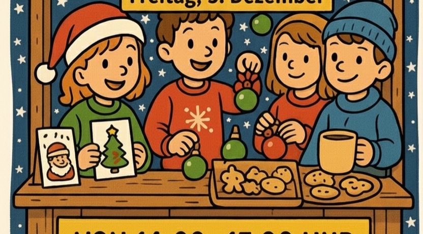 Ein Plakat bewirbt einen Weihnachtsmarkt am Freitag, 5. Dezember. Vier Kinder lächeln, halten Kekse und Ornamente. Die Veranstaltung läuft von 14 Uhr bis 17 Uhr in der Mehrzweckhalle Vasoldsberg.