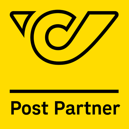 Ein gelber Hintergrund zeigt ein stilisiertes Logo über dem Text 'Post Partner'. Das Logo ist schwarz und besteht aus zwei stilisierten Buchstaben mit einem geschwungenen Design.