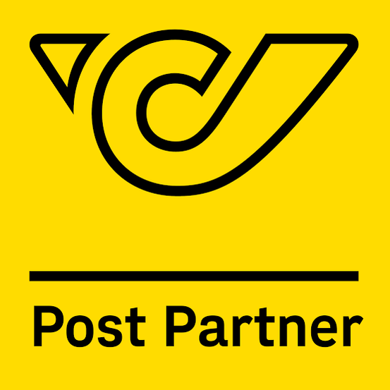 Ein gelber Hintergrund zeigt ein stilisiertes Logo über dem Text 'Post Partner'. Das Logo ist schwarz und besteht aus zwei stilisierten Buchstaben mit einem geschwungenen Design.