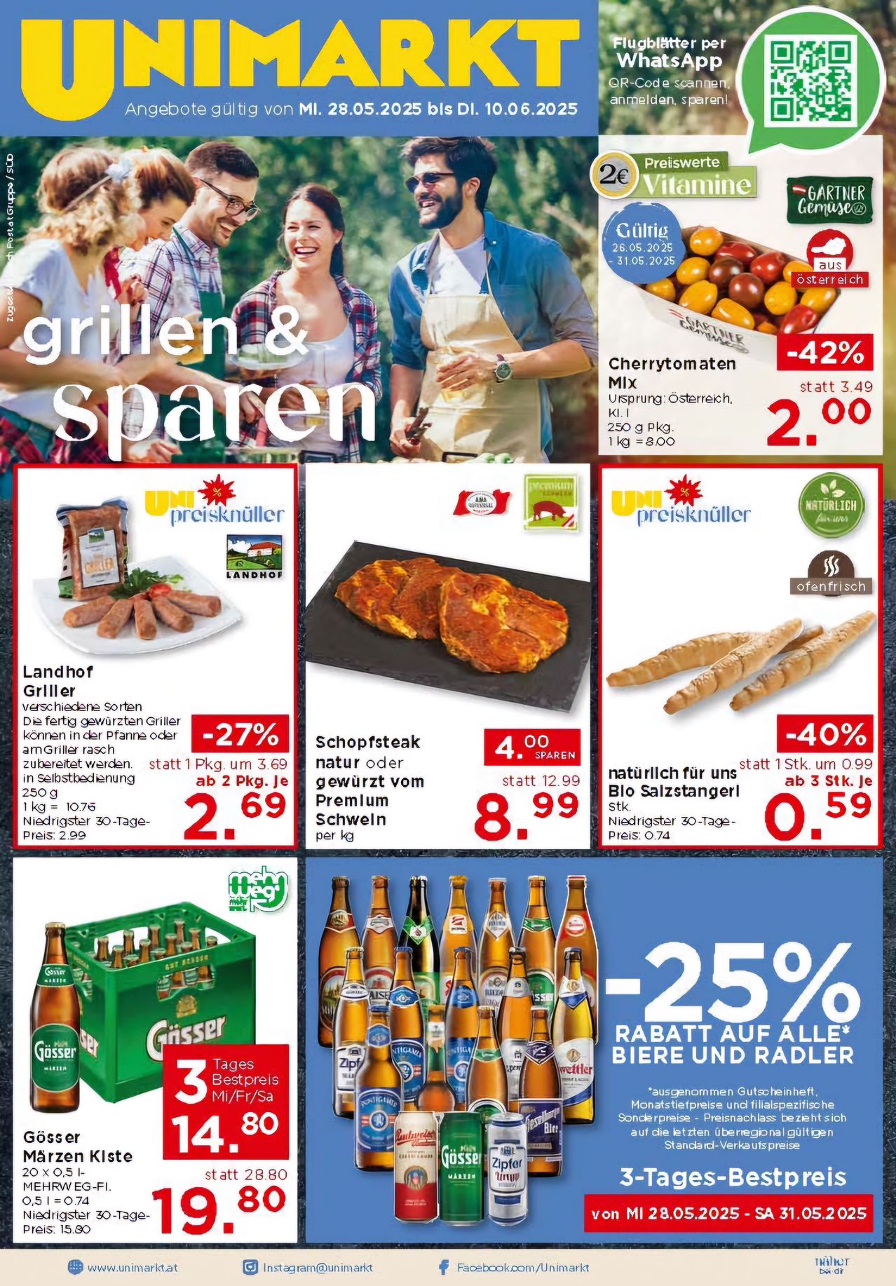 Werbung für verschiedene Lebensmittel und Getränke. Angebote umfassen Landhof Griller Würstchen für 2,69, Schopfsteak für 8,99 und Blo Salzstange Brezen für 0,59. Bierprodukte sind um 25% reduziert. Gültig bis 31.05.2025.