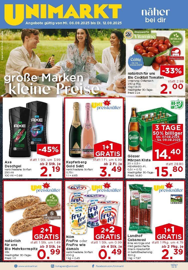 Ein Werbeplakat für verschiedene Produkte im Angebot. Oben links ein Mann und eine Frau mit Weingläsern. Unten links Axe Duschgele im Angebot. Unten rechts Gösser Bier im Angebot. In der Mitte Kuperberg Weine mit einem Kauf-eins-krieg-eins-Angebot.