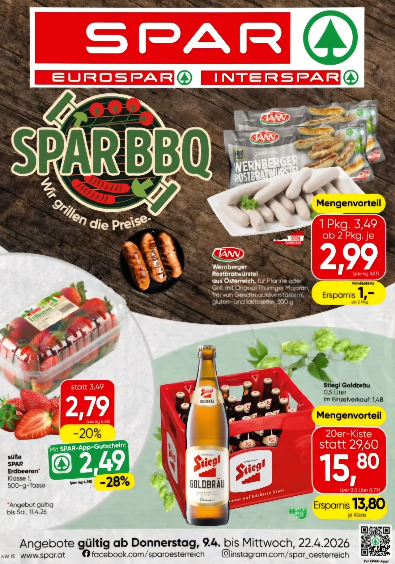 SPAR BBQ advertisement featuring grilled sausages and strawberries. The price for 1 kg of sausages is 3.49, and for 2 kg it's 2.99. A pack of beer is 15.80, with a 20% discount.