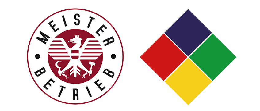 Das Logo von Meisterbetrieb Holler-Fliesen zeigt ein rotes kreisförmiges Emblem mit einem Schilddesign und einem stilisierten Löwen. Das Emblem ist in Weiß, mit den Worten Meisterbetrieb in Rot. Daneben befindet sich ein Quadrat mit vier farbigen Quadranten.