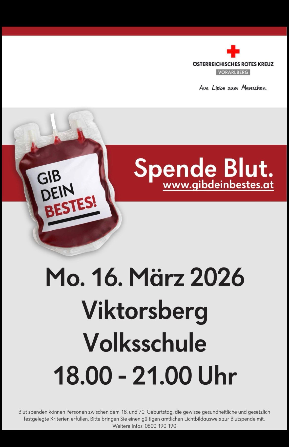 Plakat für eine Blutspende-Veranstaltung am 16. März 2026 in der Viktorsberg Volksschule. Es zeigt eine Blutbeutel mit dem Text 'Gib Dein Bestes!' und einer Website-Adresse.