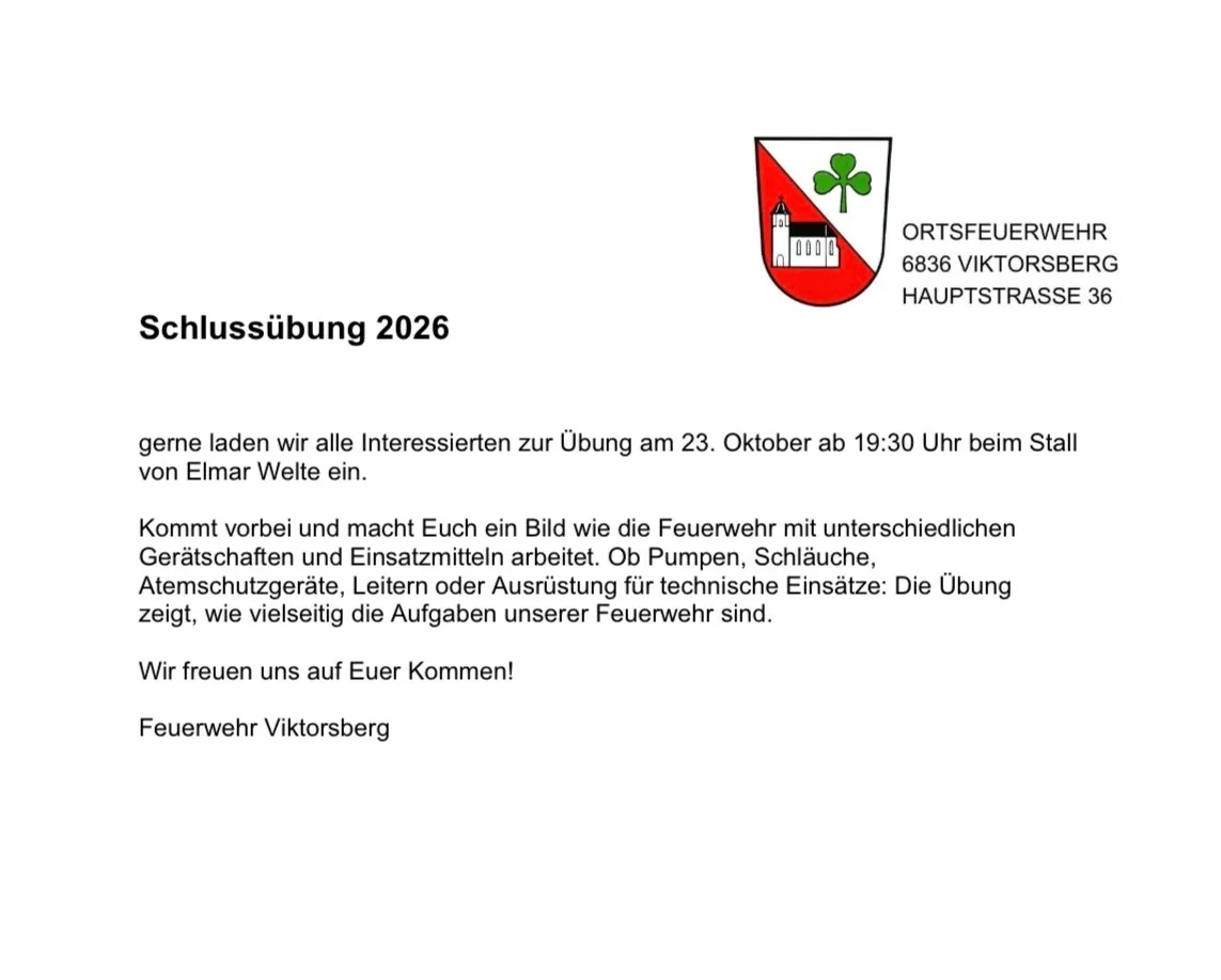Ein Dokument mit einem Logo und Text über eine Feuerwehr-Trainingsveranstaltung in Viktorsberg, Deutschland.