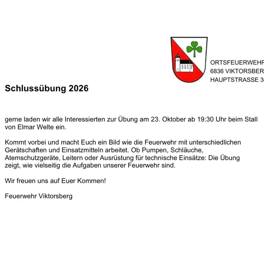 Ein Dokument mit einem Logo und Text über eine Feuerwehr-Trainingsveranstaltung in Viktorsberg, Deutschland.
