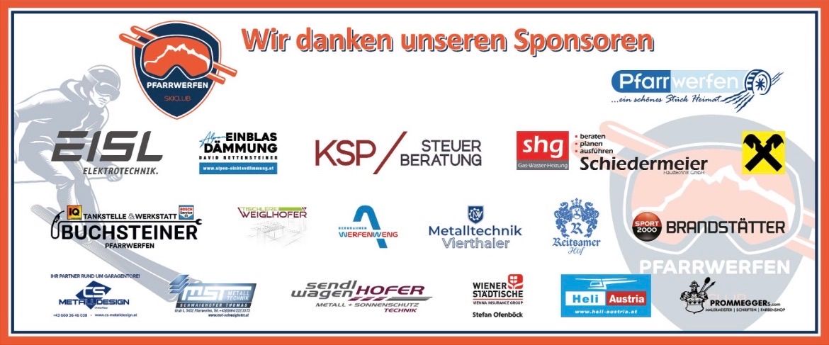 Ein Werbeplakat für Skiclub-Sponsoren mit Logos von Einblas Dammung, KSP Steuerberatung und anderen, zusammen mit einem Bergbild. Der Text auf dem Plakat lautet: 'Wir danken unseren Sponsoren.'