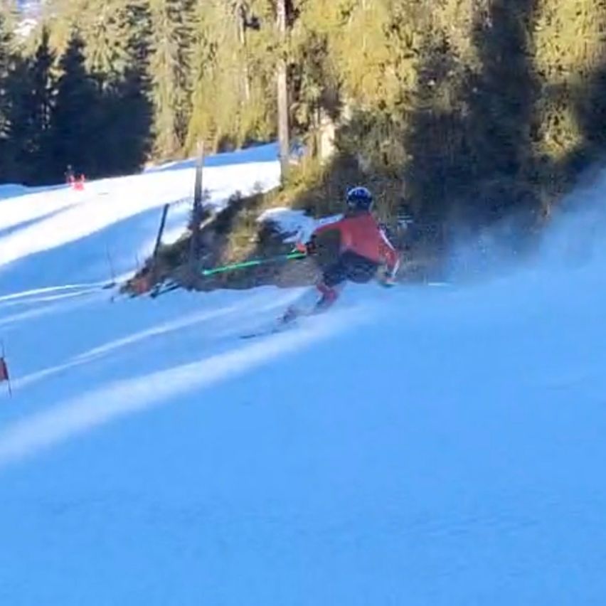 A skier navigates a snowy slope with trees in the background. They are skiing down the hill, using their ski poles for balance.
