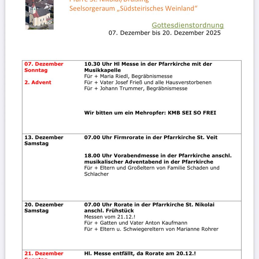 Veranstaltungskalender für Dezember 2025 in der Pfarrkirche St. Nikola. Dienste umfassen Messe am 7. und 13. Dezember, Vesperdienst am 13. Dezember und Roratemesse am 20. Dezember. Besondere Gebete für die Verstorbenen werden vermerkt.