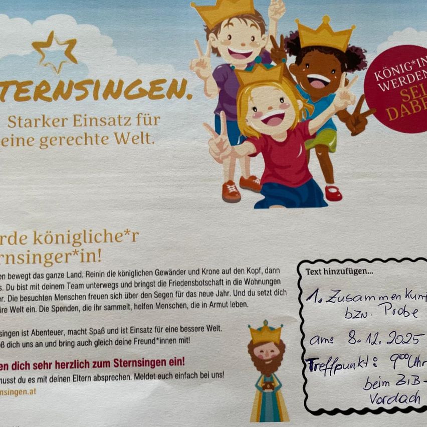 Eine Anzeige mit Kindern in Kronen, die sie ermutigt, Sternensänger zu werden. Es wird ein größerer Einsatz für eine gerechte Welt erwähnt und Details über eine Veranstaltung am 8. November 2025 angegeben.
