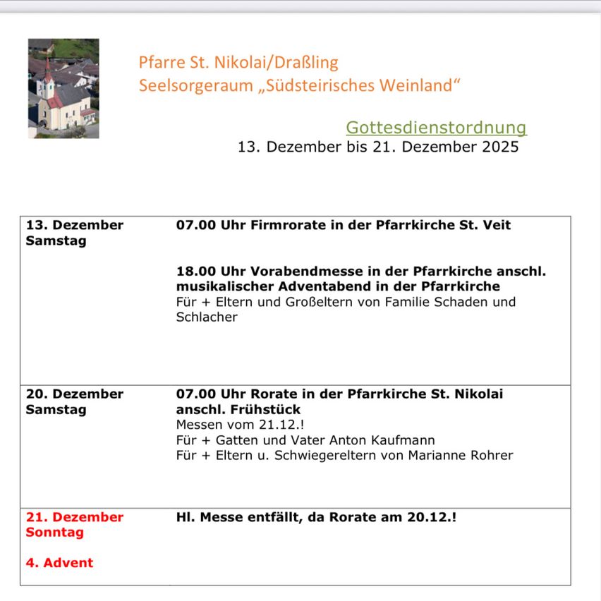 Ein Bild des Zeitplans für Gottesdienste vom 13. bis 21. Dezember 2025 in Pfarre St. Nikolai/DraBling, Seelsorgeraum, Südsteirisches Weinland. Die Gottesdienste beinhalten Firmronate, einen musikalischen Adventabend und Rorate mit Frühstück.