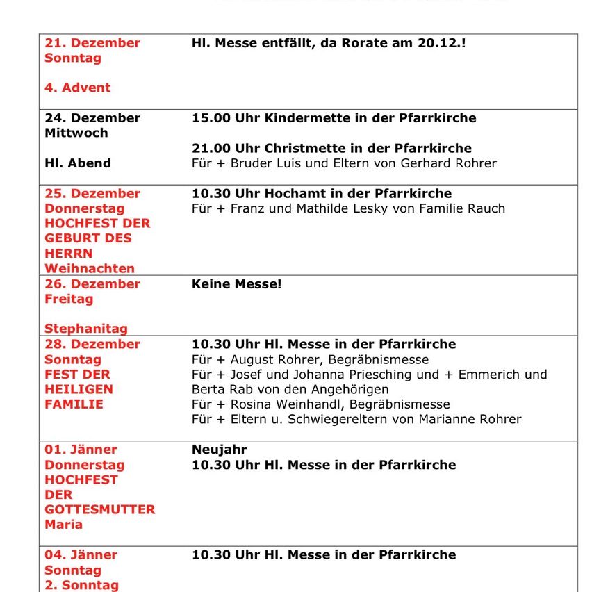 Ein Dokument listet bevorstehende Kirchenveranstaltungen für Dezember und Januar auf, darunter eine Kindermesse, eine Weihnachtsmesse und Hochämter. Bemerkenswerte Teilnehmer sind für einige Messen aufgeführt. Am 26. Dezember findet keine Messe statt. Januar-Veranstaltungen beinhalten Messen am ersten und vierten Sonntag.