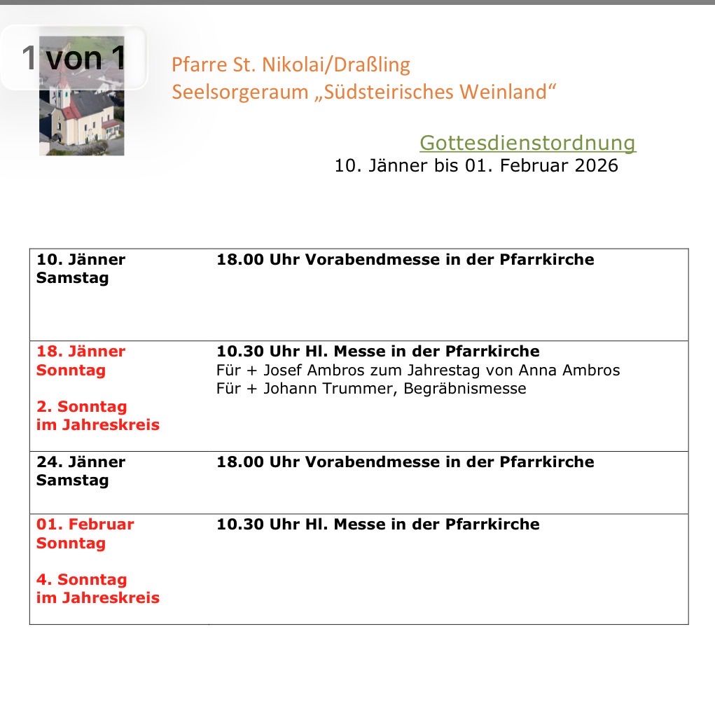 Ein Zeitplan der Gottesdienste in der Pfarre St. Nikolai/DraBling vom 10. Januar bis 1. Februar 2026 mit Abendmessen und Sonntagsgottesdiensten, einschließlich Jubiläen und Beerdigungen.