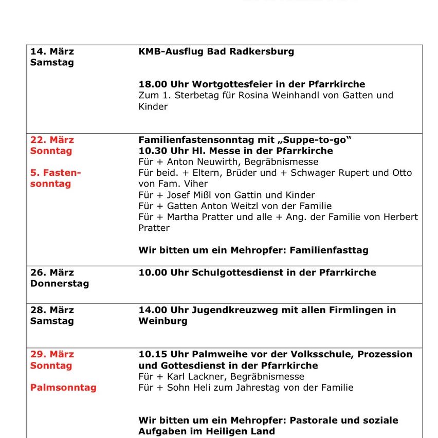 Eine Tabelle listet bevorstehende Kirchenveranstaltungen auf, darunter eine Wortgottesfeier, Familienfasten mit Suppe zum Mitnehmen, ein Schulgottesdienst, ein Jugendkreuzzug, und Palmsonntagsprozession und -gottesdienst. Details umfassen Daten, Uhrzeiten und besondere Teilnehmer.