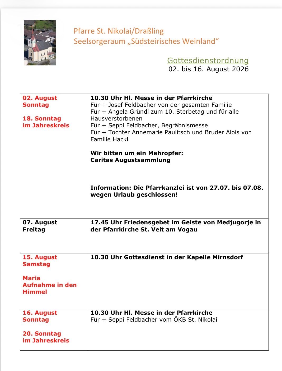 A schedule of church services and events from August 2 to August 16, 2026, including masses, funerals, and a Caritas gathering. The Pfarrkanzlei is closed for vacation from July 27 to August 7.