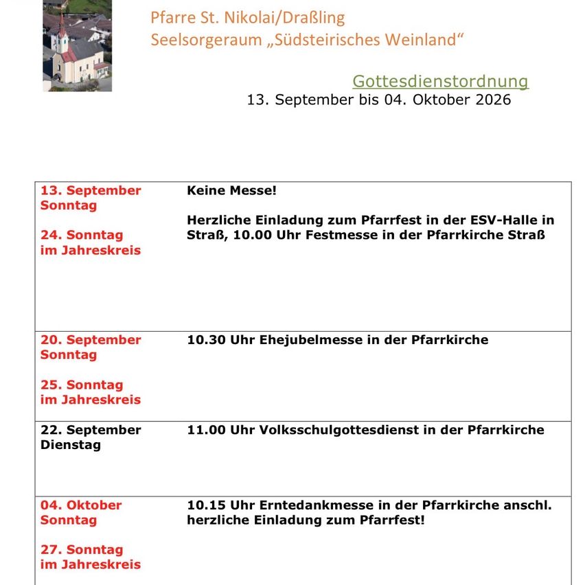 Plakat für Kirchenveranstaltungen in Drabling, Österreich, vom 13. September bis 4. Oktober 2026. Enthält ein Kirchenbild und einen Zeitplan der Veranstaltungen.