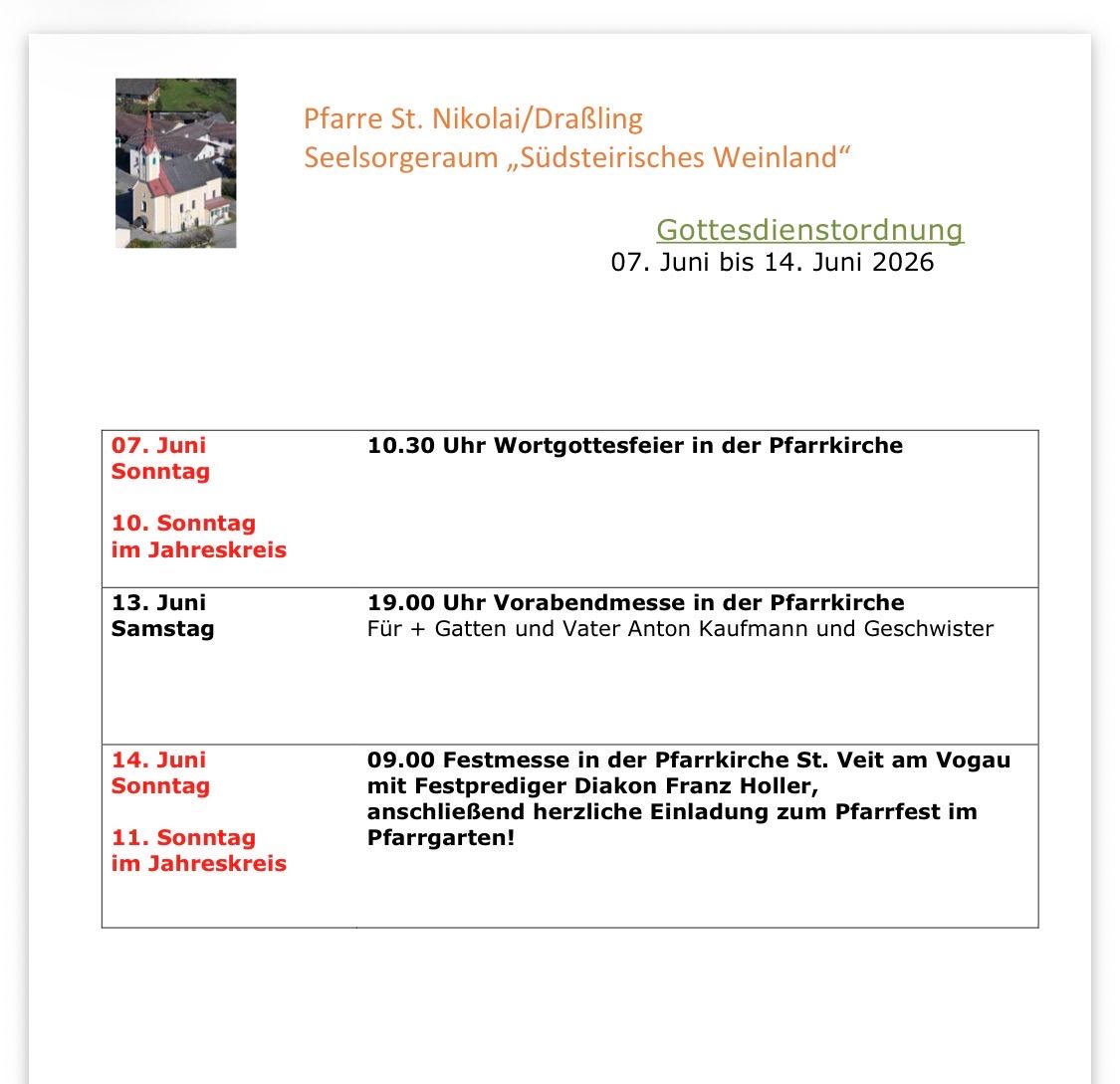 Event schedule from June 7th to June 14th, 2026 at St. Nikolai/Draling. June 7th: 10:30 AM Word Service. June 10th: Annual Sunday Mass. June 13th: 19:00 PM Vigil Mass. June 14th: 9:00 AM Festmesse with Father Franz Holler. Invitation to Pfarrfest on Sunday, June 11th.
