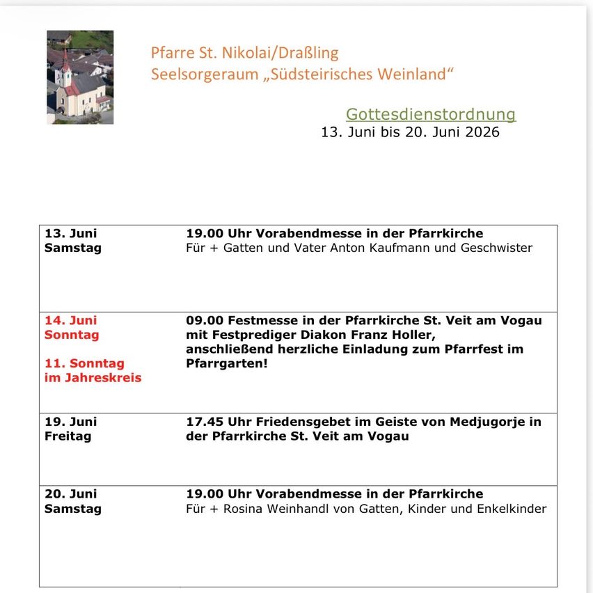 Veranstaltungsplan in Pfarre St. Nikolai/Draßling im Seelsorgeraum, Südsteirisches Weinland, vom 13. bis 20. Juni 2026. Veranstaltungen umfassen eine Vorabendmesse am Samstag, eine Messe am Sonntag und eine Festmesse am Sonntag.